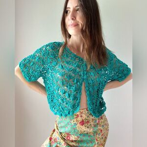 Jessica London Cropped Crochet Blue Short Sleeve Cardigan